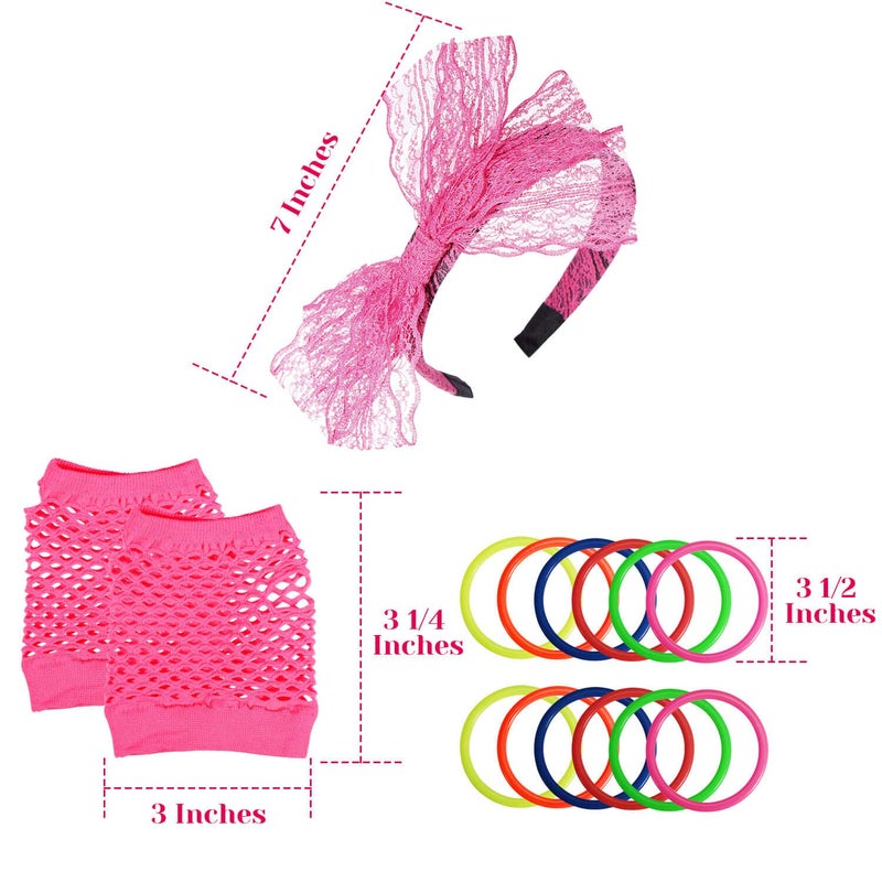 PAXCOO Women's 80s Outfit Costume Accessories Set Neon Headband Earrings Fishnet Gloves Leg Warmers Necklace Bracelet - Image 5